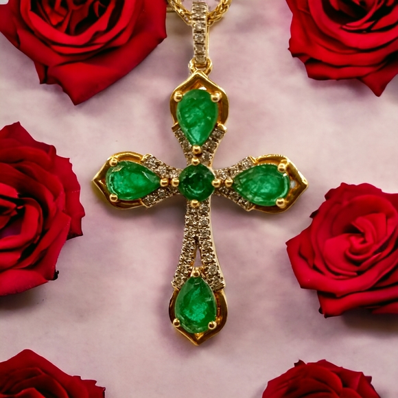 Jewelry - 14K Yellow Gold Emerald & Diamond Cross 2.71 ctw*